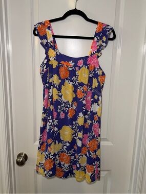 Emily Wonder M Square Neck Sleeveless Floral Swing Dress Ruffle Straps Purple